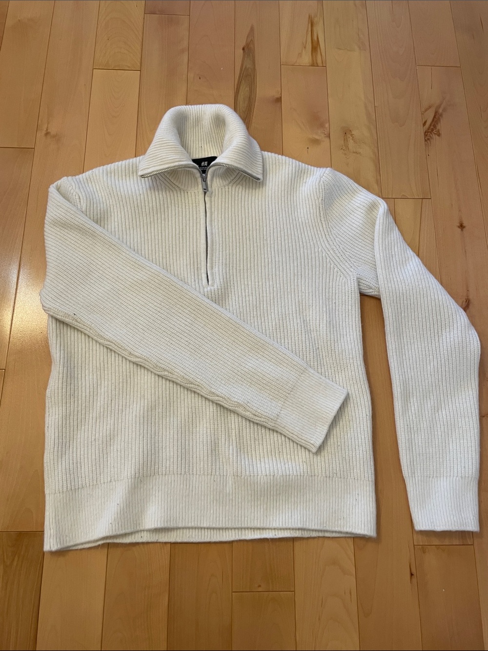 H&M Men's Cream Half-Zip Ribbed Knit Sweater